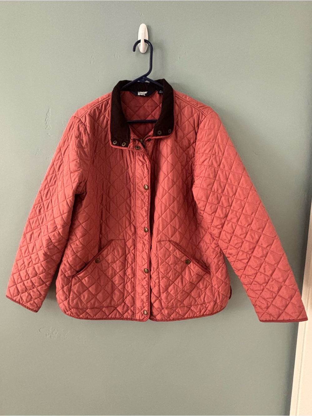 Lands' End Quilted Coral Puffer Jacket with Brown Corduroy Collar - Picture 3 of 5
